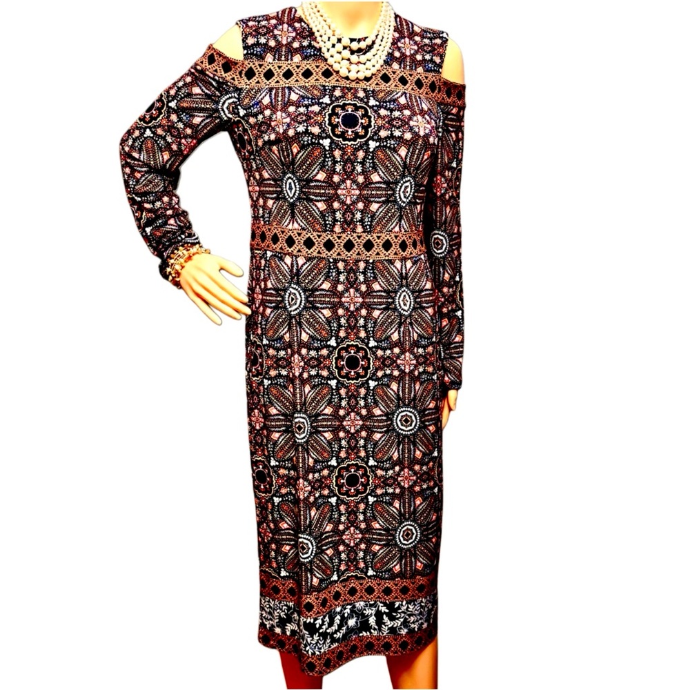 Maggy London Southwestern Style Long Sleeve Cold Shoulder Boho Shift Dress Sz 8